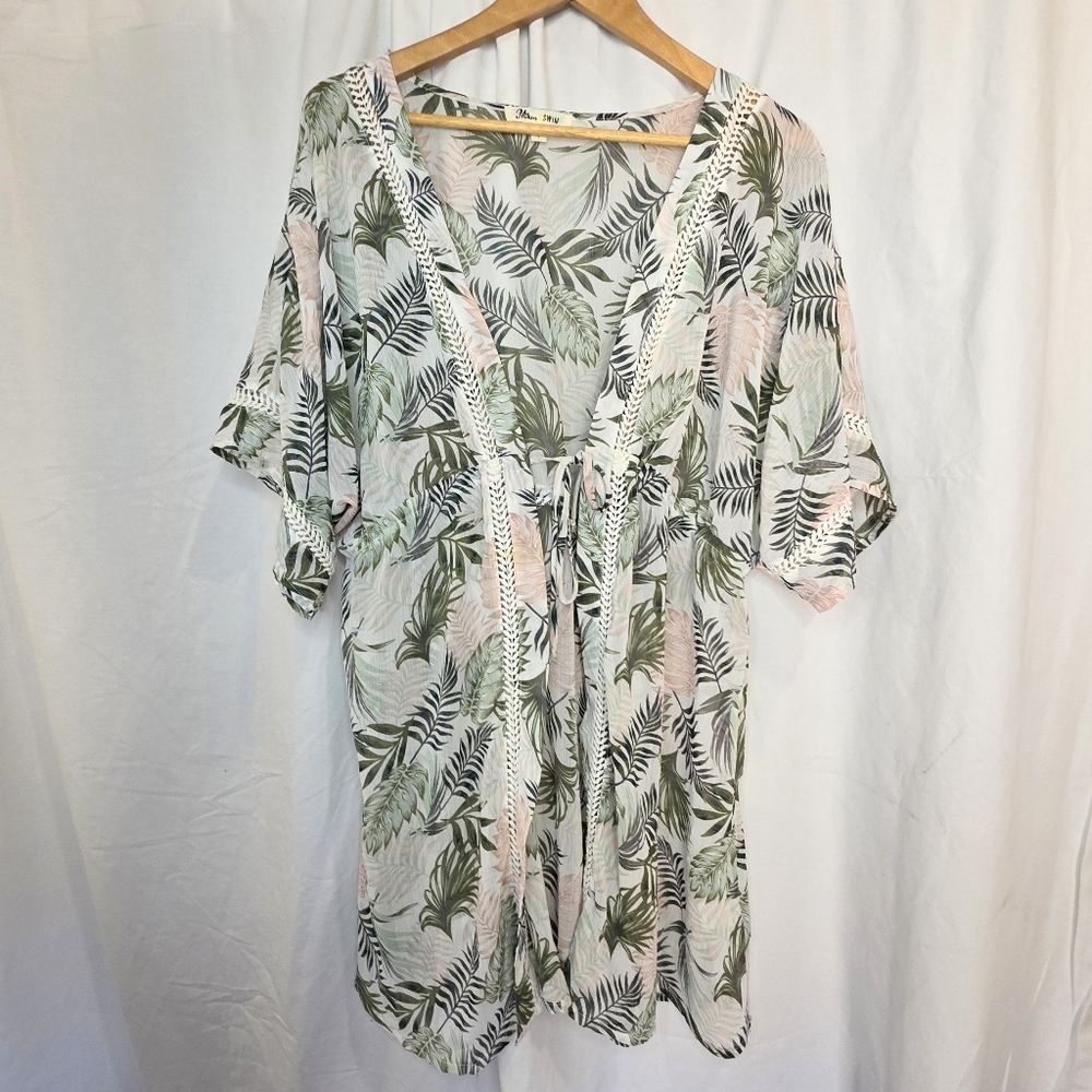 Kaftan Swim Cover Up Size L Palm Trees and Lace Beach Pool Coconutgirl Feminine